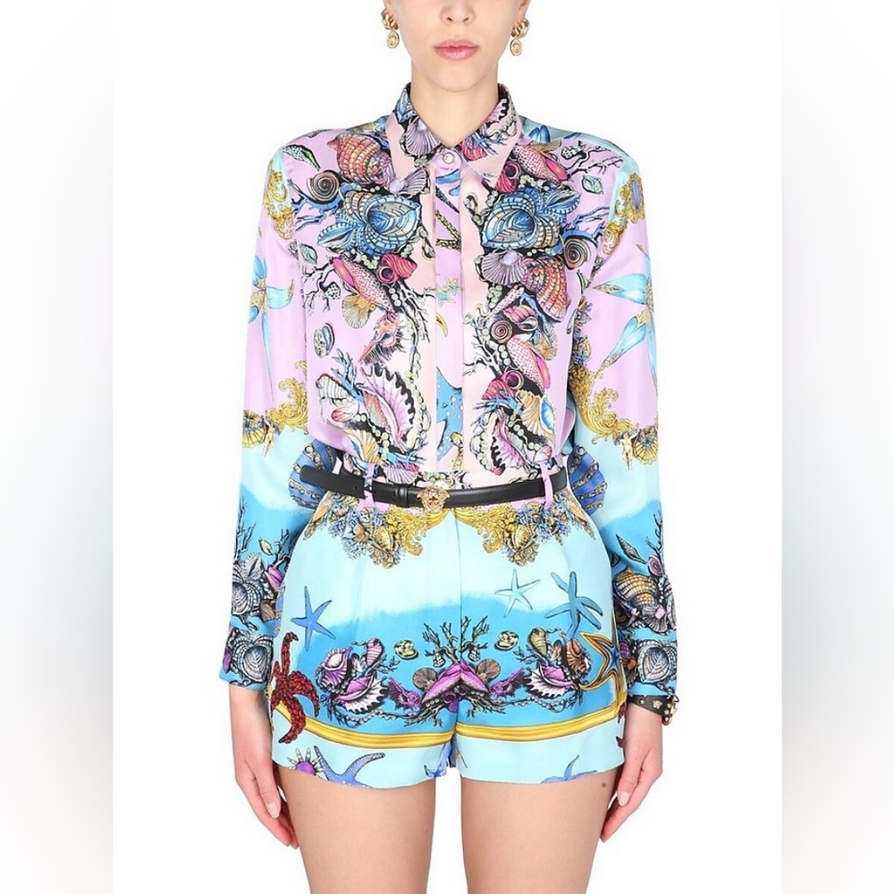 Versace tresor de la mer print silk twill shirt shorts set 2pc IT 42 blue purple